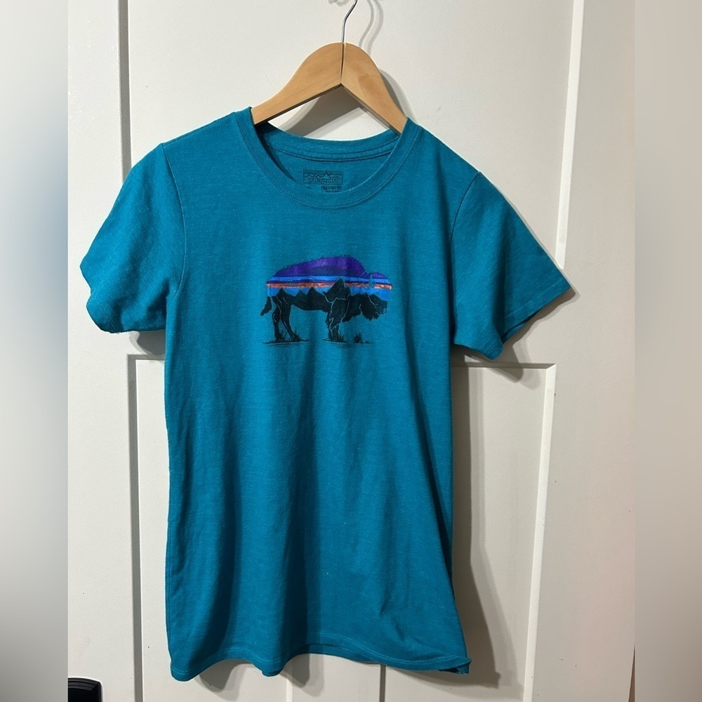 Patagonia Teal Buffalo Bison Logo Women’s Regular Fit Short Sleeve Shirt